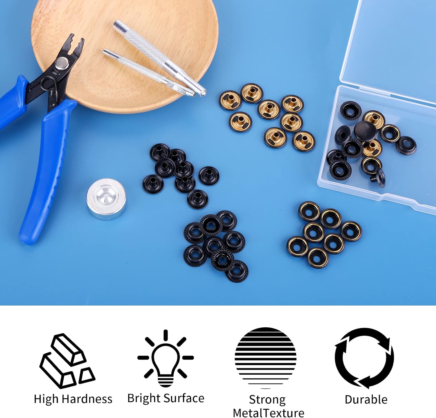 Thinp 12 Sets Snap Buttons Kit, Metal Snaps and Fasteners Kit Press Studs Snap Fasteners Clothing Snaps Button with 3 Pieces Snap Fastener Tool for Bags Jeans Clothes Fabric Leather Craft (Black) - Image 3